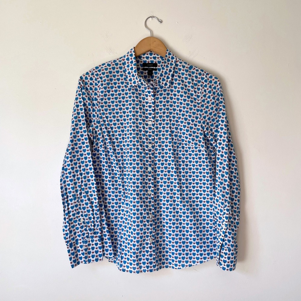 J.Crew Perfect Shirt Sz 6 Cotton Blue Heart Bee Print Preppy Twee School Teacher